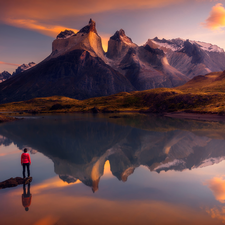 Human, Lake Pehoé, Cordillera del Paine, Patagonia, edifice, Torres del Paine National Park, Mountains, Chile, Sunrise, Torres del Paine