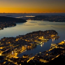 Town, Gulf, Night, panorama, Bergen