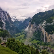 Mountains, Valley, Town, Fog