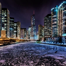 Night, River, Chicago, Town, The United States