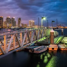 Town, Night, pier, boats, Harbour