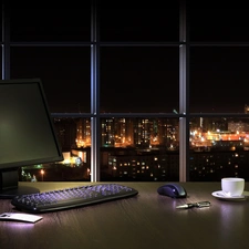 Town, Night, desk, laptop, interior