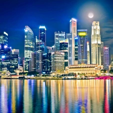 moon, skyscrapers, Town, night, Singapur, clouds