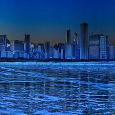 Town, night, clouds, water, skyscrapers