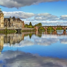 River, panorama, town, bridge