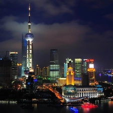 Town, skyscraper, China, Night, Szanghaj