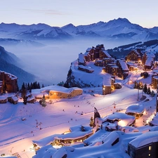 winter, illuminated, Town, Mountains