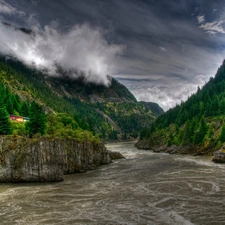 River, woods, Train, Mountains