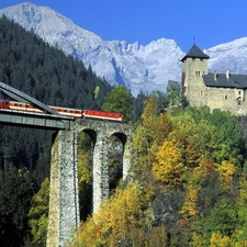 Train, woods, Mountains, bridge, Castle