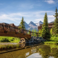 Province of Alberta, Canada, Canmore, rocky mountains, house, bridge, trees, viewes, River
