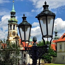 Lighthouse, Church, viewes, Houses, Prague, trees, clouds