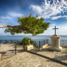 Monument, Italy, trees, Coast, Cross, sea