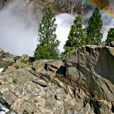 trees, viewes, Great Rainbows, waterfall, rocks