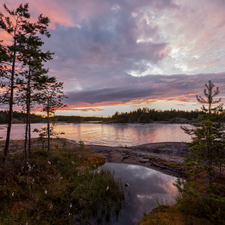trees, viewes, Russia, clouds, Karelia, rocks, Lake Ladoga, Great Sunsets
