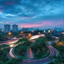 viewes, Jakarta, metropolis, west, Indonesia, skyscrapers, Streets, Sun