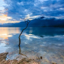 lake, Mountains, trees, clouds