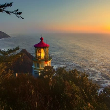 coast, sun, viewes, sea, west, trees, Lighthouse