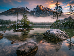 Lake Hintersee, Germany, trees, rocks, snow, Fog, reflection, Alps Mountains, Bavaria, winter, viewes