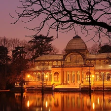 light, palace, viewes, Madrid, trees, Pond - car