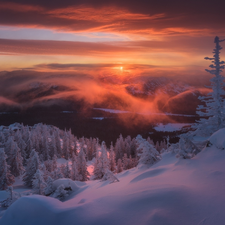 Taganaj National Park, winter, viewes, Sunrise, trees, Ural Mountains, Russia, Snowy