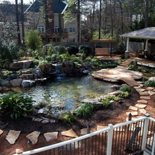 pond, house, trees, viewes, arbour, Garden