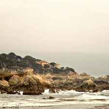 trees, viewes, Houses, rocks, Coast