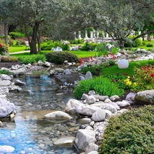 water, Garden, trees, viewes, Flowers, eye