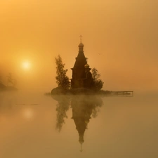 lake, Cerkiew, trees, viewes, Fog, Island