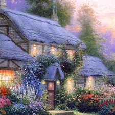 trees, Garden, picture, Flowers, house, viewes, Thomas Kinkade