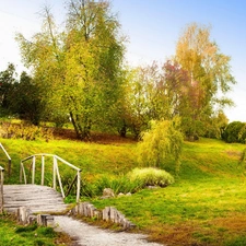 trees, viewes, bridges, wooden, Park