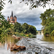 trees, viewes, Castle, bridge, River