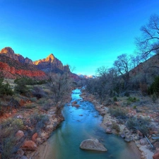 trees, viewes, Mountains, Stones, River