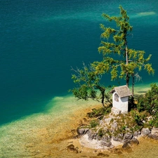 trees, viewes, Islet, chapel, sea