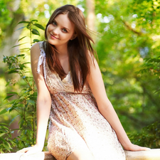 forest, smiling, viewes, Amelie Emily, trees, girl