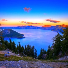 trees, viewes, Islet, Great Sunsets, lake