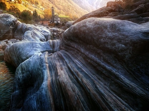 Valle Verzasca, Switzerland, Lavertezzo, Verzasca River, trees, viewes, Mountains, rocks, Church
