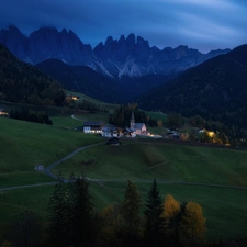 Mountains, Italy, woods, Dolomites, viewes, twilight, Church, Village of Santa Maddalena, Val di Funes Valley, Houses, trees