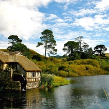 trees, viewes, Hobbits, River, water, medows, The Hills, Windmill