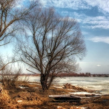 viewes, River, bath-tub, clouds, winter, trees