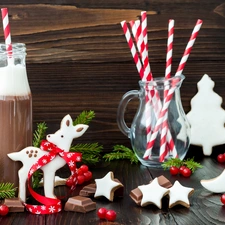 ginger, Christmas, Stars, fawn, Twigs, chocolate, Bottle, glace, composition, straws, Christmas