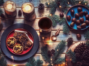 Plates, cones, Cup, chestnuts, Cookies, candle, composition, Twigs