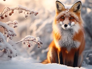 Fox, winter, Snowy, Twigs, snow, sitter