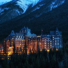 Mountains, Hotel hall, twilight, woods