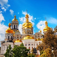 Gold Domes, Pechersk, Kiev, Cerkiew, Lavra, Blue Sky, Ukraine