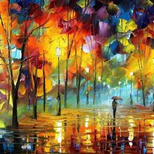 Leonid Afremov, Art Image, Rain, trees, Umbrella, autumn, alley, form, viewes