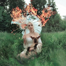 sheep, Women, Umbrella, grass, burning, Blonde