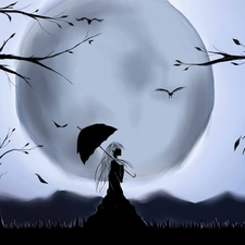 trees, viewes, Women, Umbrella, moon