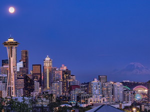 Seattle, tower, fullness, Space Needle, moon, Washington State, The United States, skyscrapers