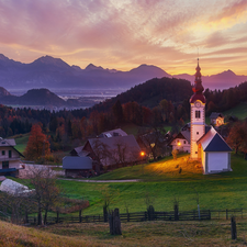 Floodlit, Mountains, Houses, Valley, Slovenia, Church, fence