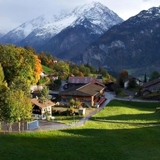 Alps, Mountains, Valley, village, luminosity, shadow, sun, flash, ligh